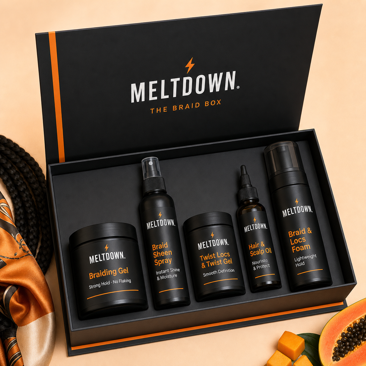 The Braid Box — open box with all five full-size products