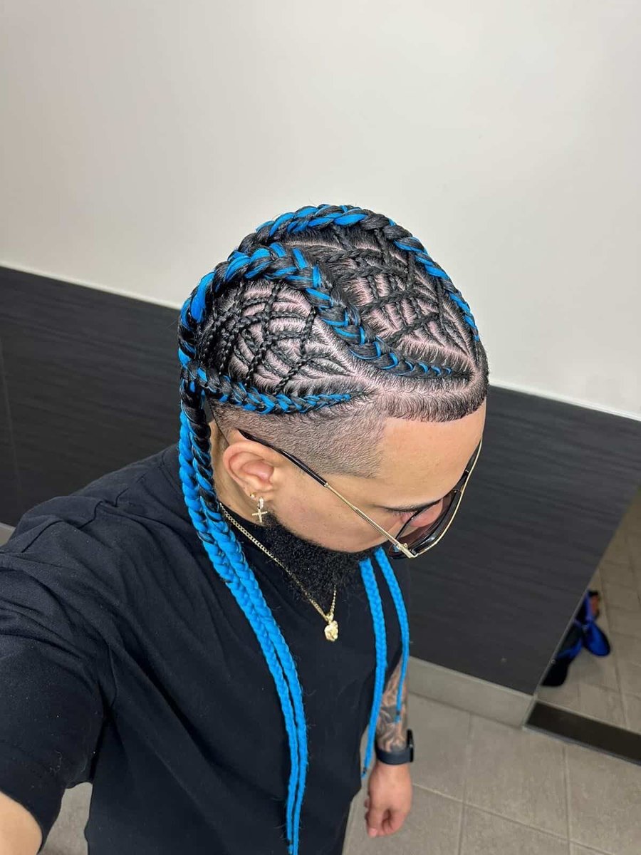 Stitch cornrow with blue extensions